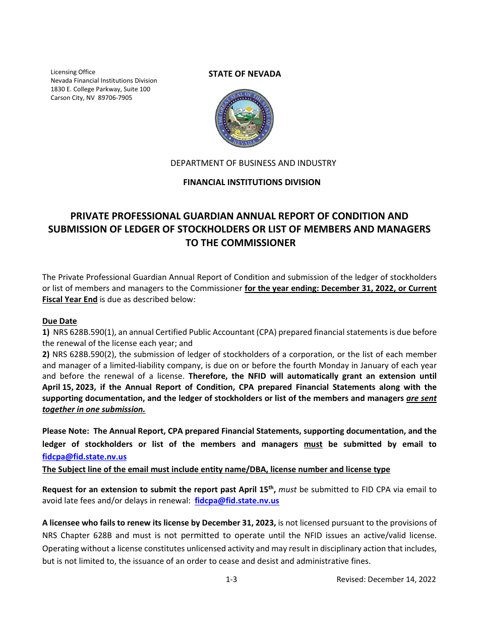 Private Professional Guardian Annual Report of Condition and Submission of Ledger of Stockholders or List of Members and Managers to the Commissioner - Nevada, Page 1