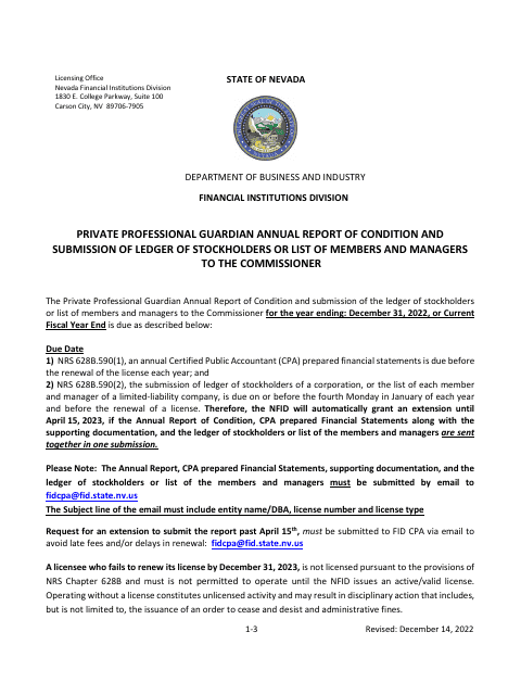 Private Professional Guardian Annual Report of Condition and Submission of Ledger of Stockholders or List of Members and Managers to the Commissioner - Nevada Download Pdf