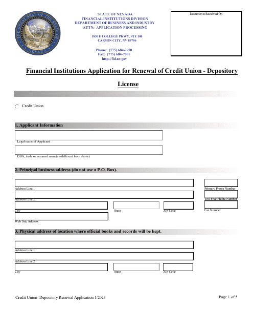 Financial Institutions Application for Renewal of Credit Union - Depository License - Nevada