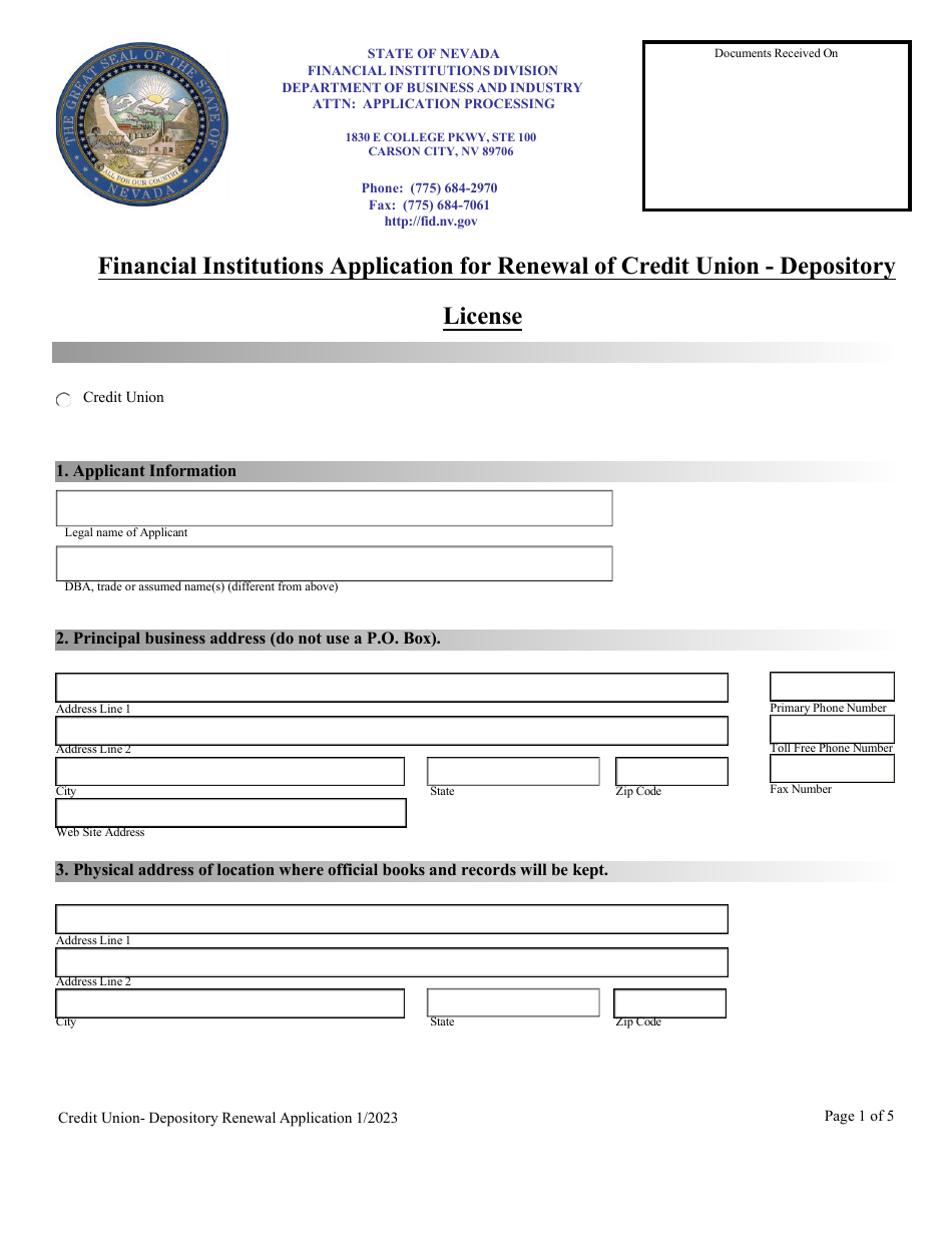 Financial Institutions Application for Renewal of Credit Union - Depository License - Nevada, Page 1