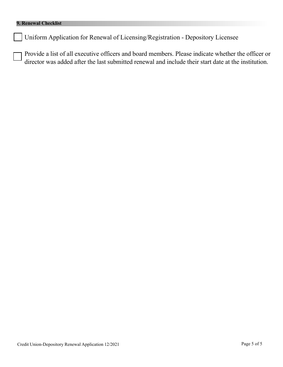 Financial Institutions Application for Renewal of Credit Union - Depository License - Nevada, Page 5