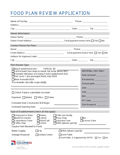 Food Plan Review Application - City of Columbus, Ohio Download Pdf