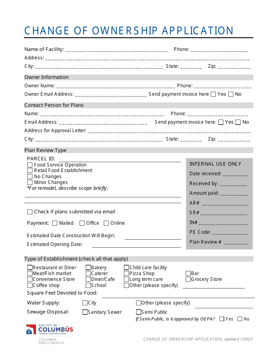 Change of Ownership Application - City of Columbus, Ohio, Page 1