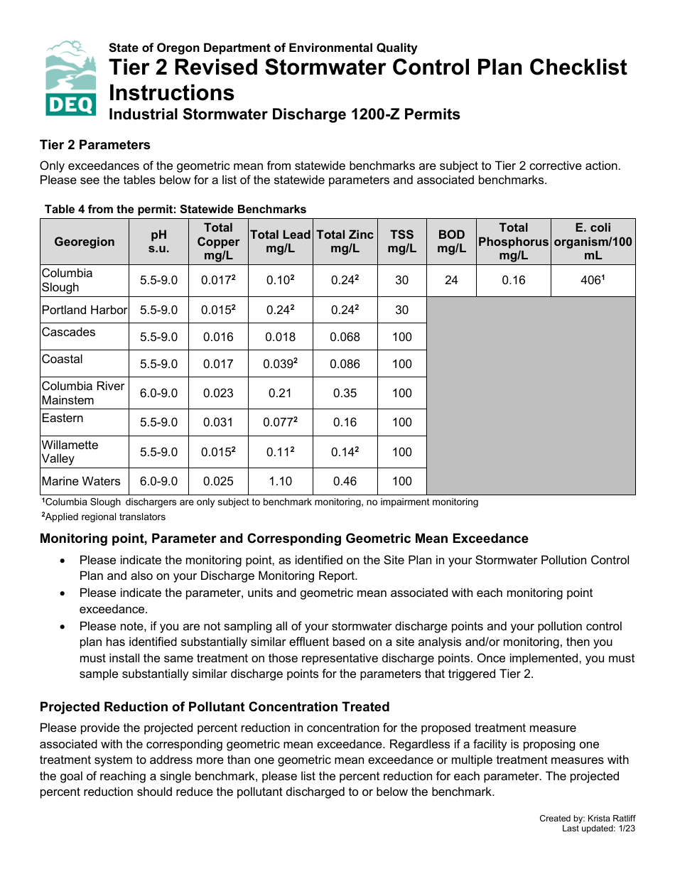Tier 2 Revised Stormwater Control Plan Checklist - Oregon, Page 1