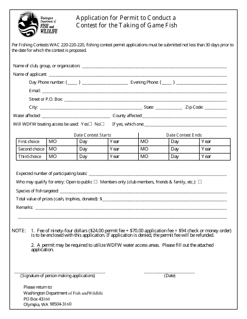 Application for Permit to Conduct a Contest for the Taking of Game Fish - Washington Download Pdf