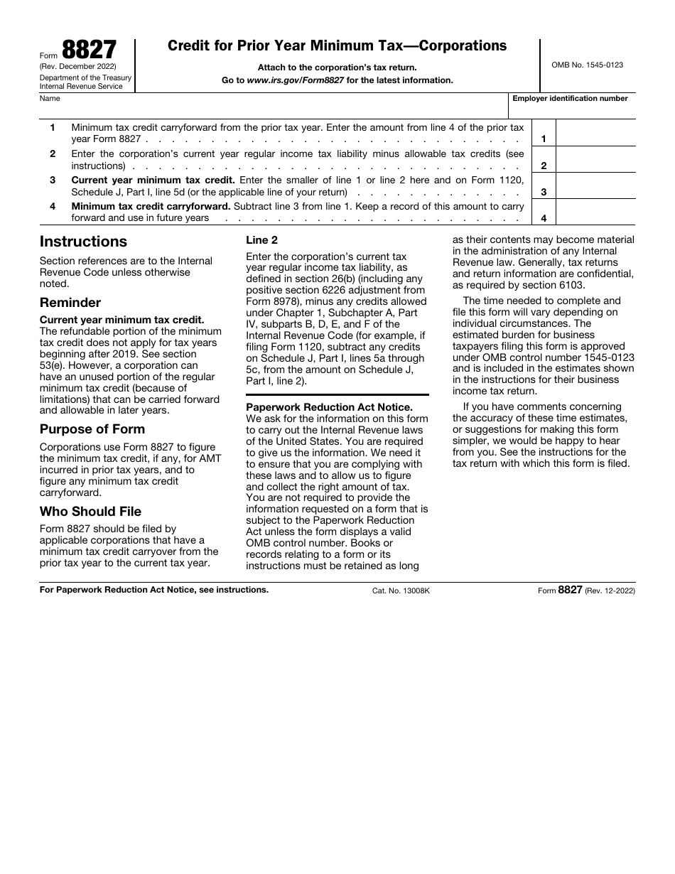 IRS Form 8827 Download Fillable PDF or Fill Online Credit for Prior