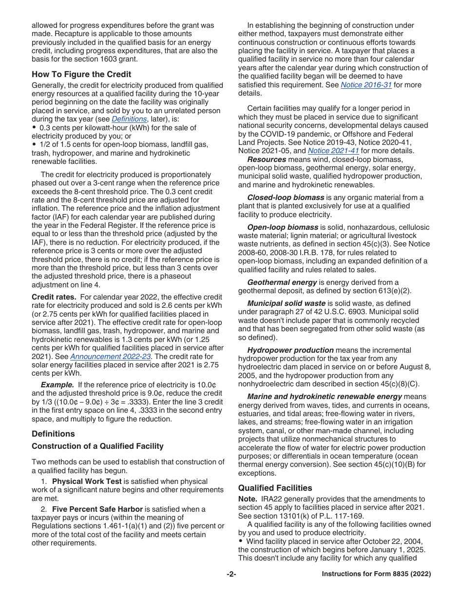 Instructions for IRS Form 8835 Renewable Electricity Production Credit, Page 2