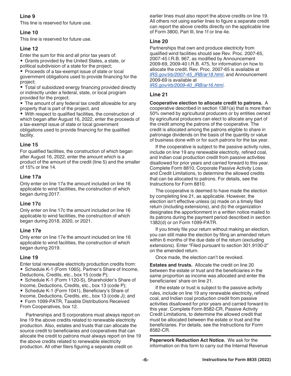 Instructions for IRS Form 8835 Renewable Electricity Production Credit, Page 6