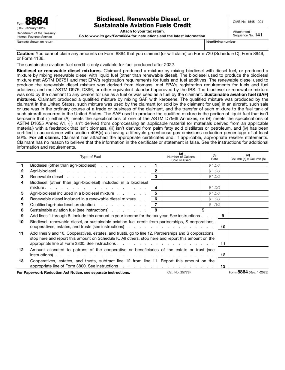 IRS Form 8864 Biodiesel, Renewable Diesel, or Sustainable Aviation Fuels Credit, Page 1
