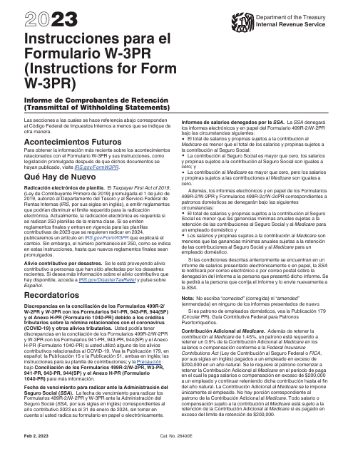 Instrucciones para IRS Formulario W-3PR Informe De Comprobantes De Retencion (Puerto Rican Spanish), 2023