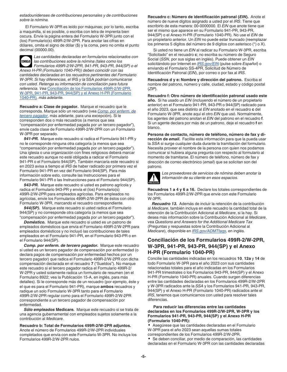 Instrucciones para IRS Formulario W-3PR Informe De Comprobantes De Retencion (Puerto Rican Spanish), Page 5