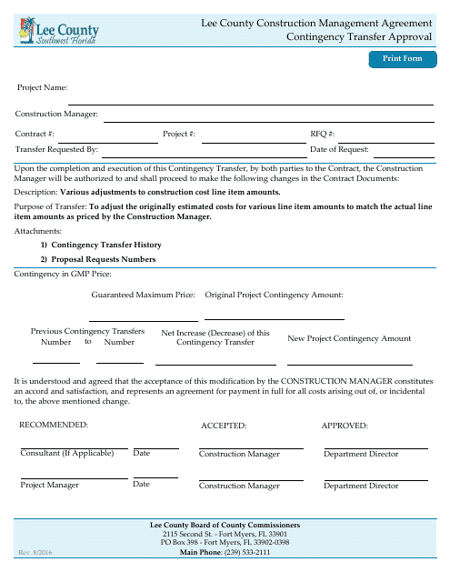 Construction Management Agreement Contingency Transfer Approval - Lee County, Florida Download Pdf