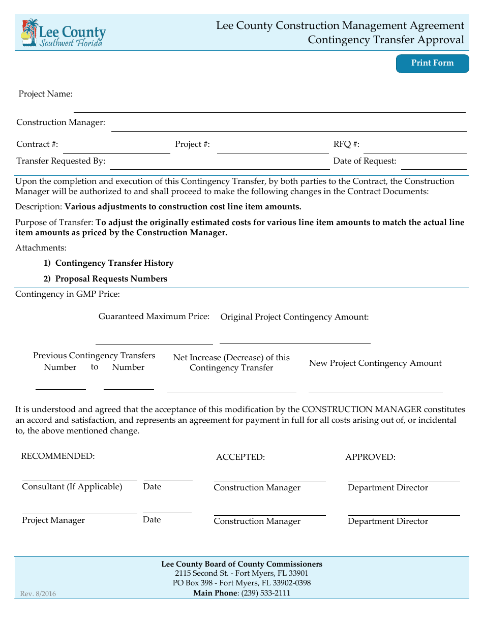 Construction Management Agreement Contingency Transfer Approval - Lee County, Florida, Page 1