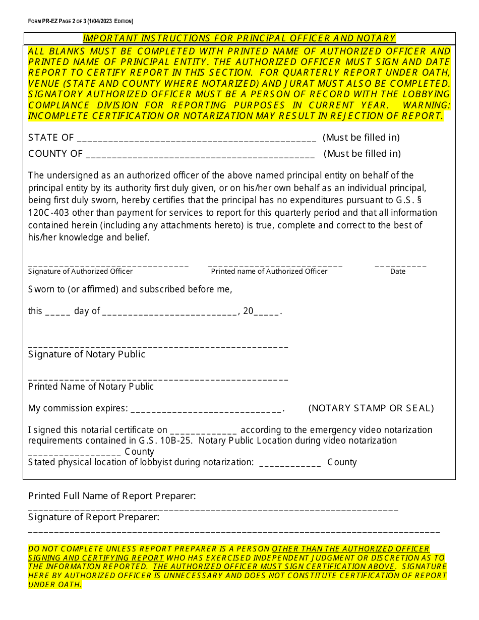 Form PR-EZ Principal Zero Expense Report Form - Fourth Quarter Zero Expense Short Form - North Carolina, Page 2