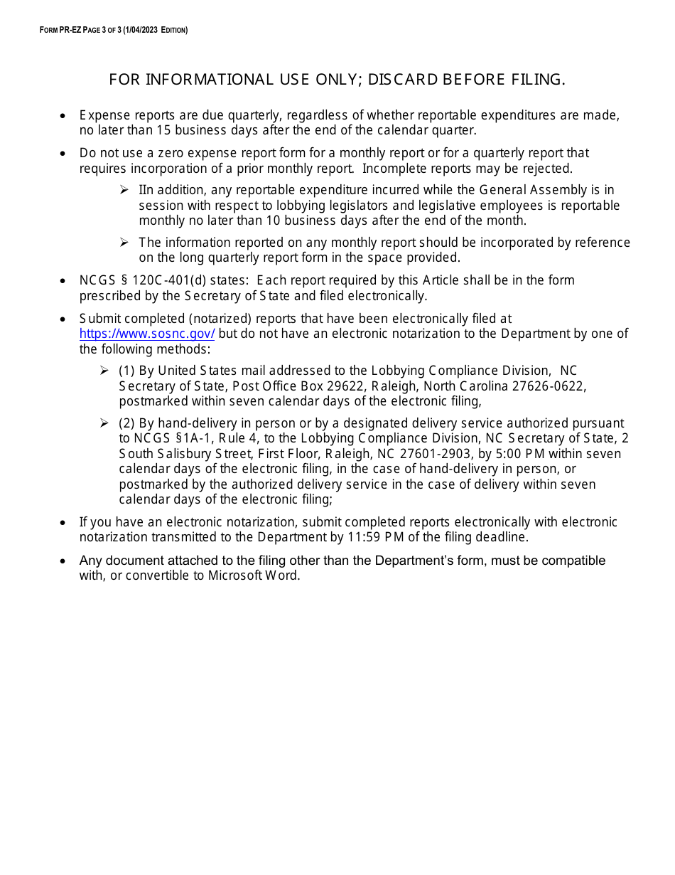 Form PR-EZ Principal Zero Expense Report Form - Fourth Quarter Zero Expense Short Form - North Carolina, Page 3