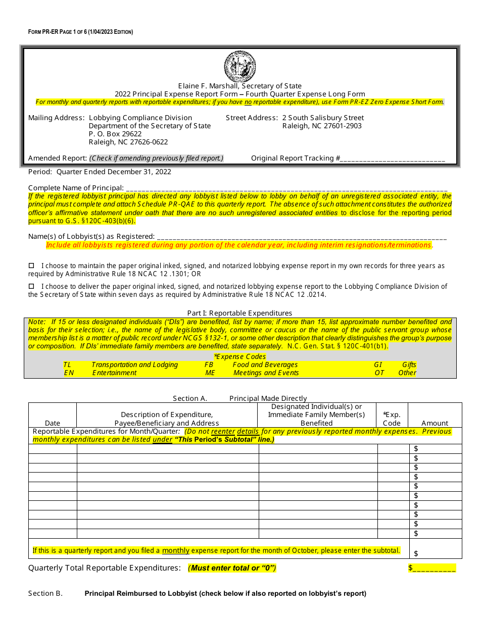 Form PR-ER Principal Expense Report Form - Fourth Quarter Expense Long Form - North Carolina, Page 1