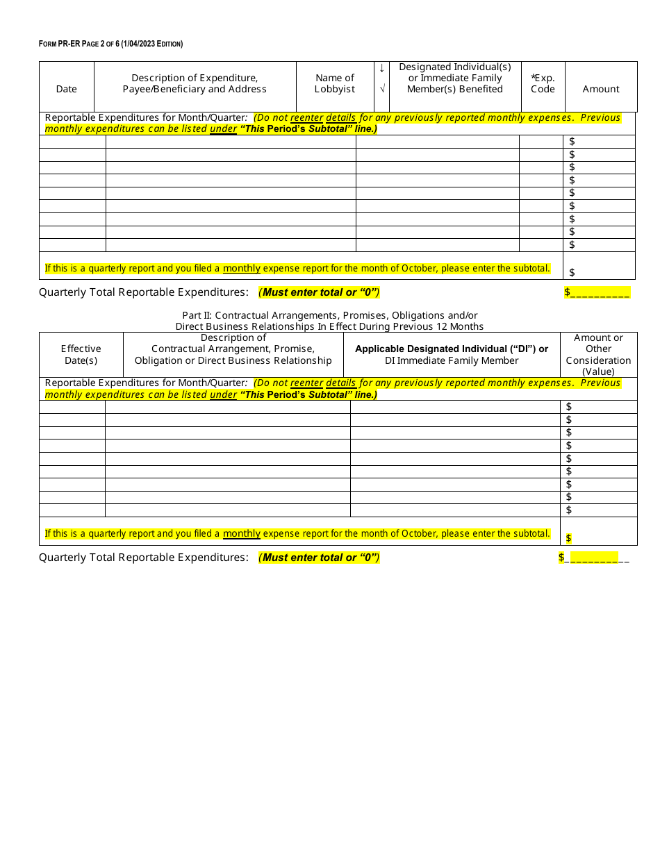 Form PR-ER Principal Expense Report Form - Fourth Quarter Expense Long Form - North Carolina, Page 2