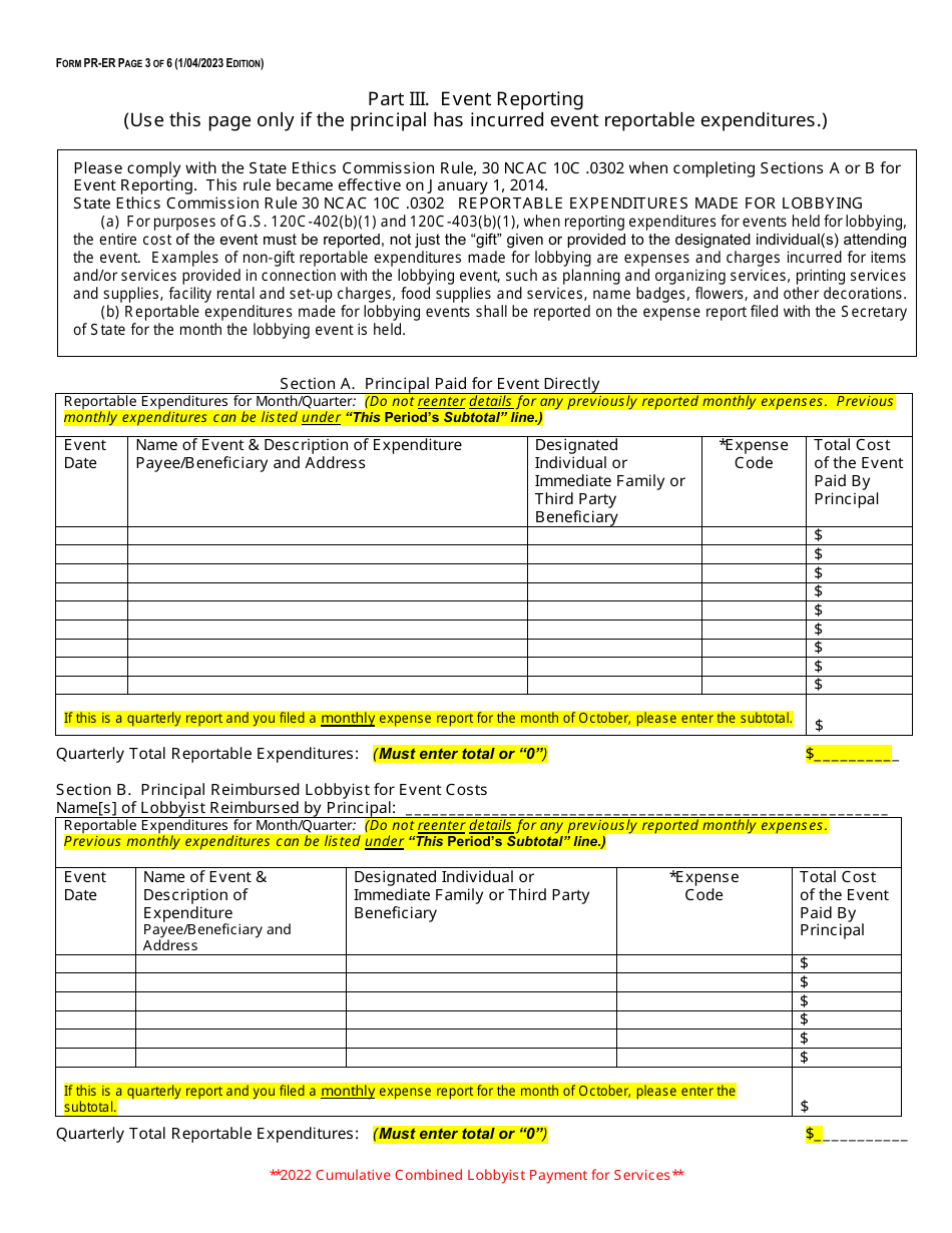 Form PR-ER Principal Expense Report Form - Fourth Quarter Expense Long Form - North Carolina, Page 3