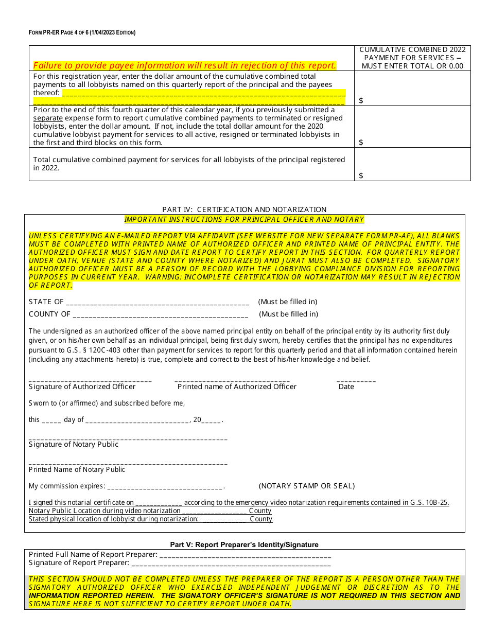 Form PR-ER Principal Expense Report Form - Fourth Quarter Expense Long Form - North Carolina, Page 4