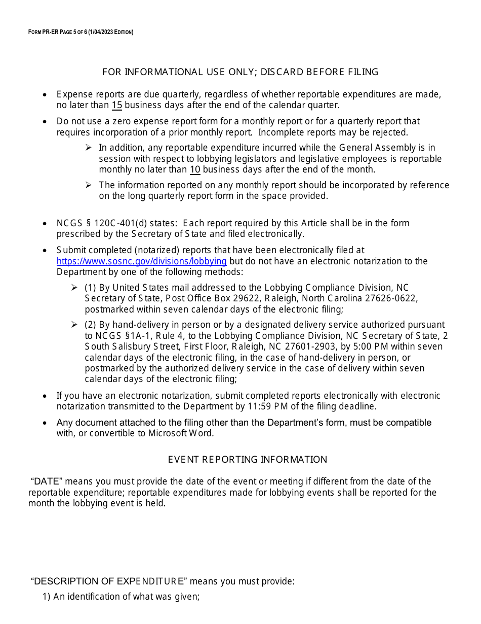 Form PR-ER Principal Expense Report Form - Fourth Quarter Expense Long Form - North Carolina, Page 5