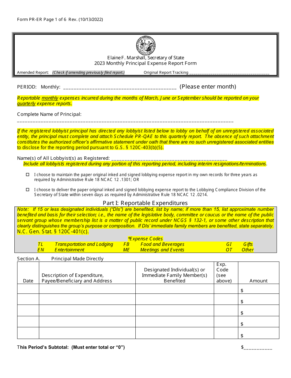 Form PR-ER Monthly Principal Expense Report Form - North Carolina, Page 1