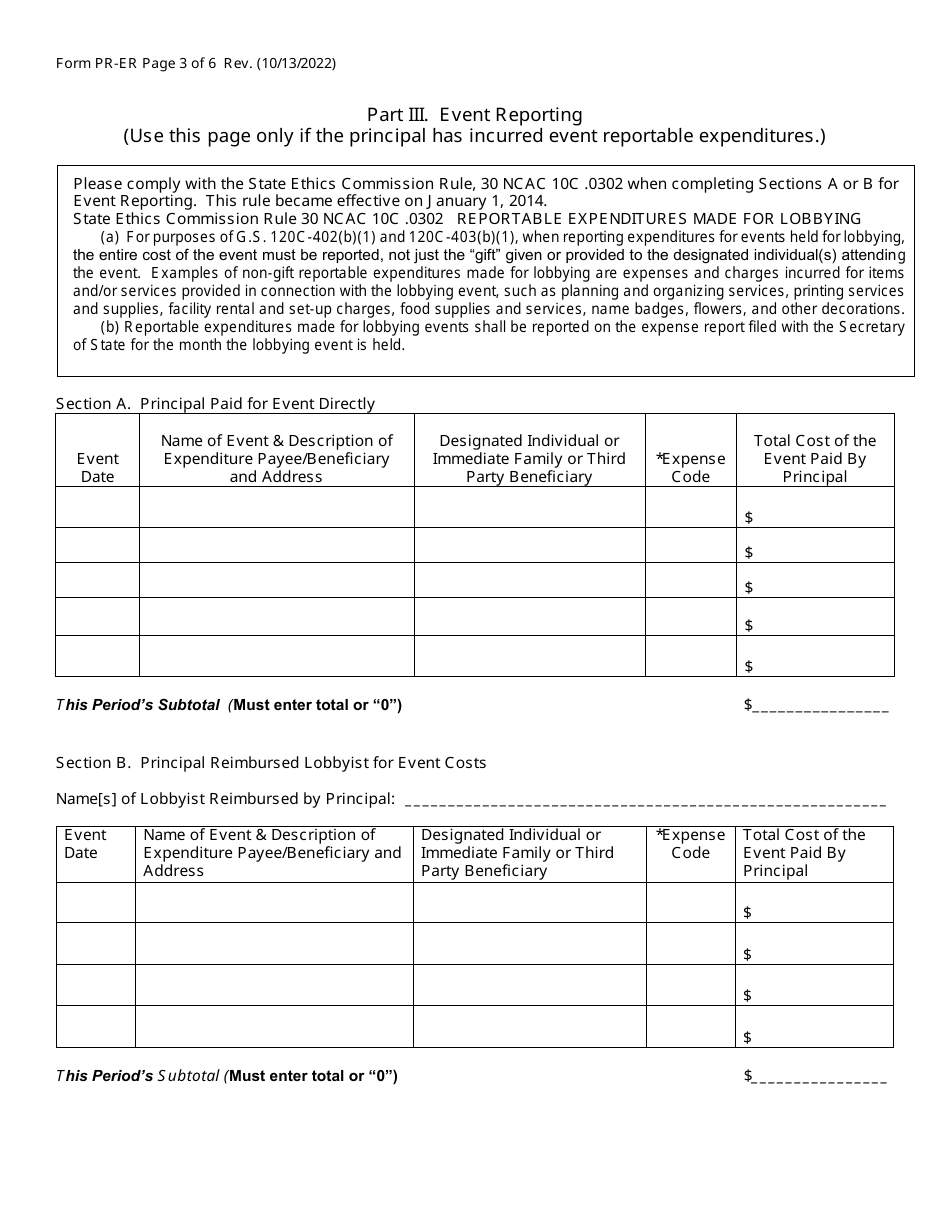 Form PR-ER Monthly Principal Expense Report Form - North Carolina, Page 3