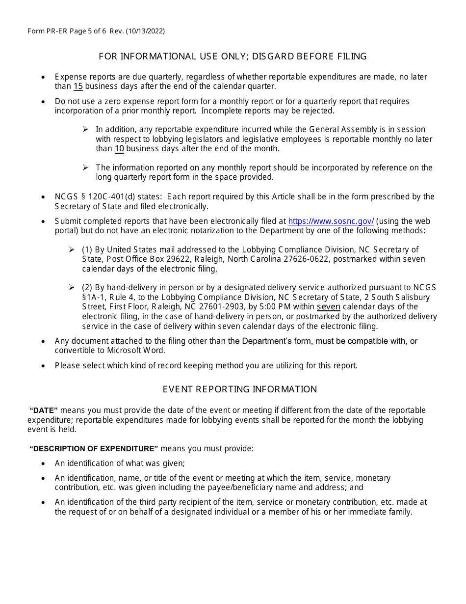 Form PR-ER Monthly Principal Expense Report Form - North Carolina, Page 5
