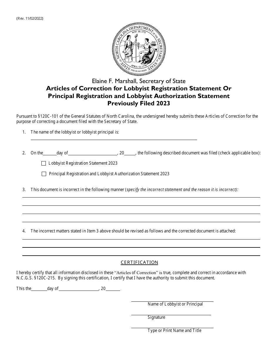 Articles of Correction for Lobbyist Registration Statement and Principal Registration and Lobbyist Authorization Statement Previously Filed - North Carolina, Page 1
