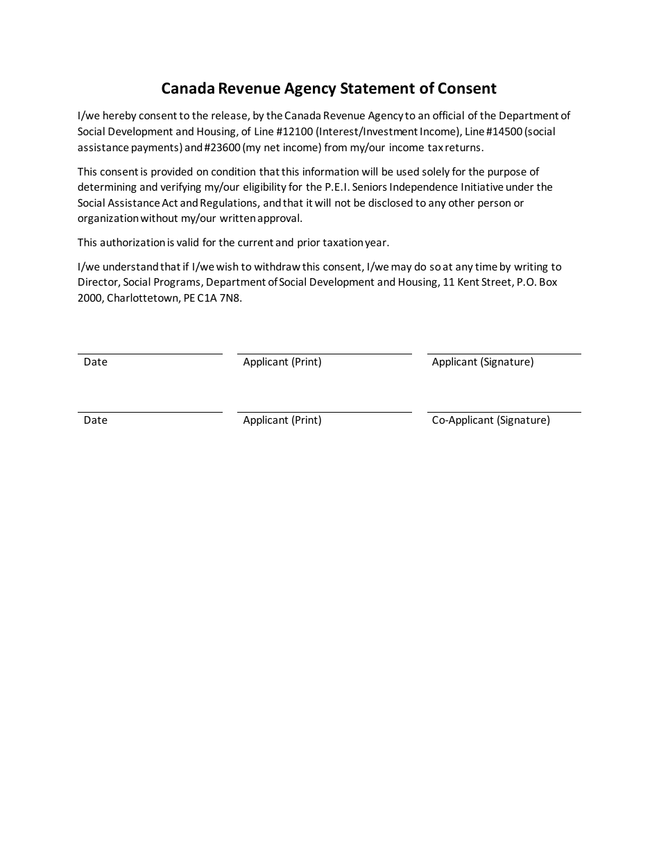 Canada Revenue Agency Statement of Consent - Prince Edward Island, Canada, Page 1