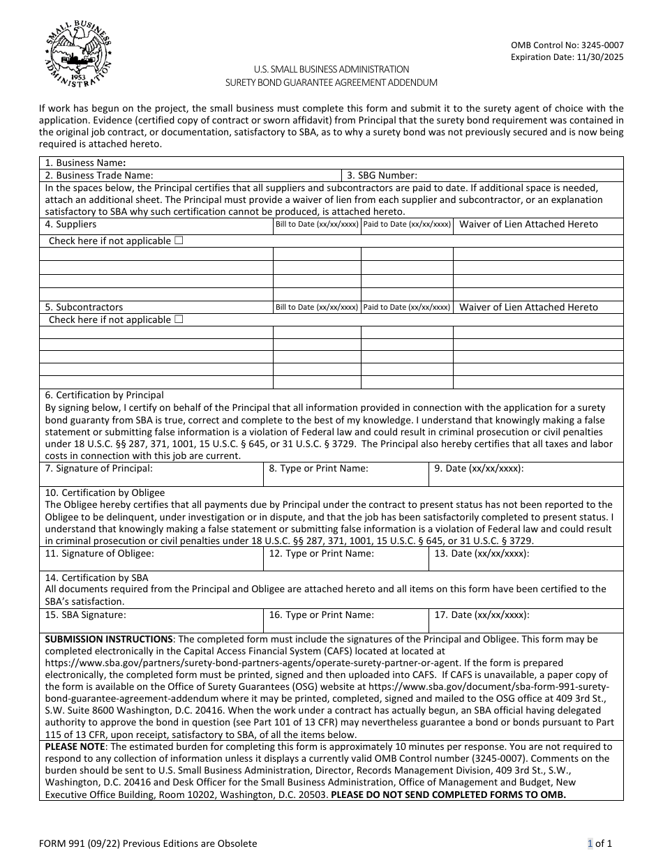 SBA Form 991 Surety Bond Guarantee Agreement Addendum, Page 1