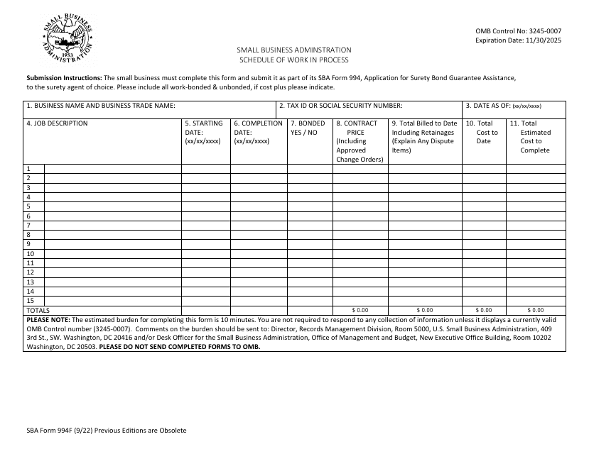 SBA Form 994F  Printable Pdf