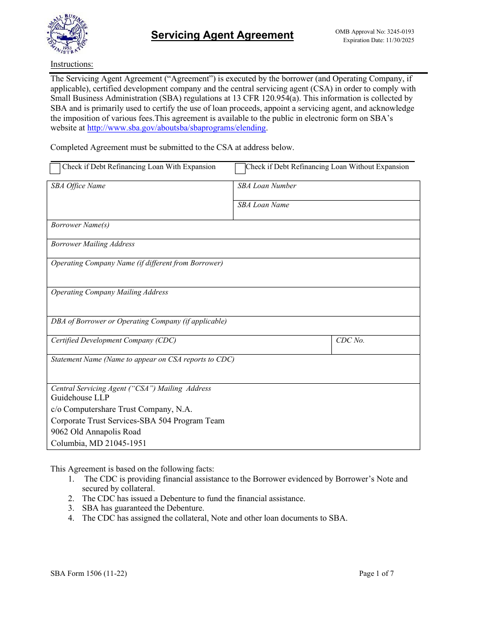 SBA Form 1506 Servicing Agent Agreement, Page 1
