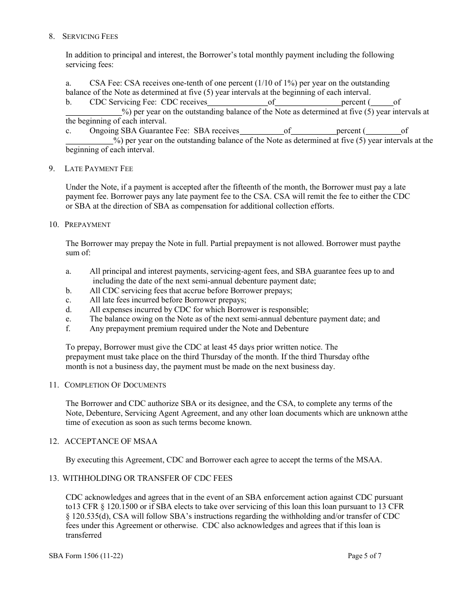 SBA Form 1506 Servicing Agent Agreement, Page 5