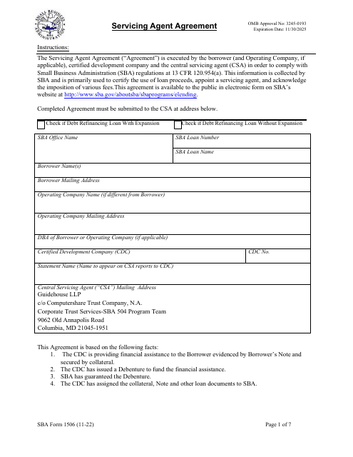 SBA Form 1506 Servicing Agent Agreement