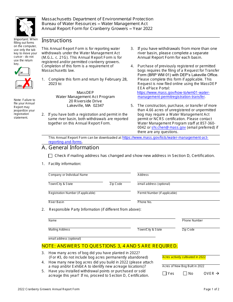 Annual Report Form for Cranberry Growers - Massachusetts, Page 1