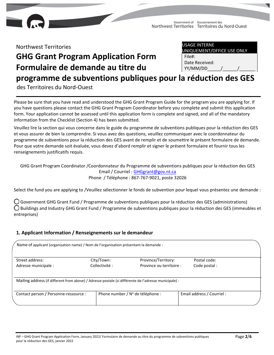 Ghg Grant Program Application Form - Northwest Territories, Canada (English / French), Page 1