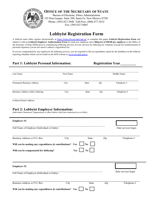 Lobbyist Registration Form - New Mexico Download Pdf