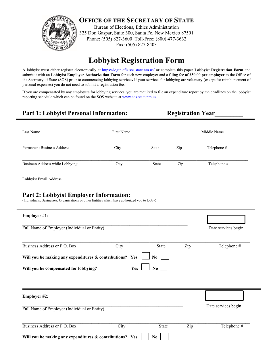 Lobbyist Registration Form - New Mexico, Page 1