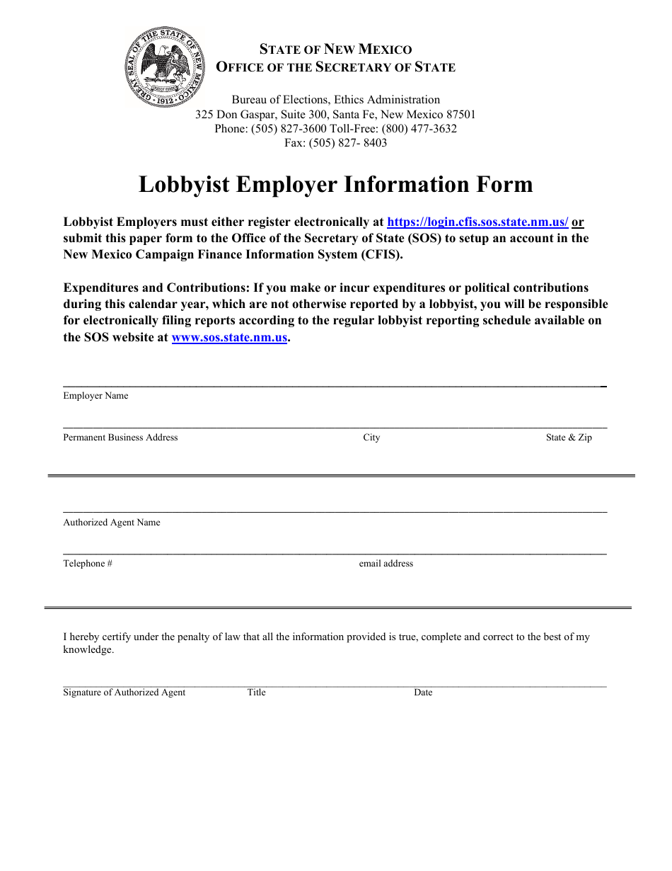 Lobbyist Employer Information Form - New Mexico, Page 1