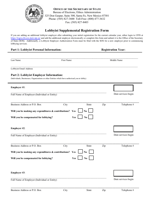 Lobbyist Supplemental Registration Form - New Mexico Download Pdf