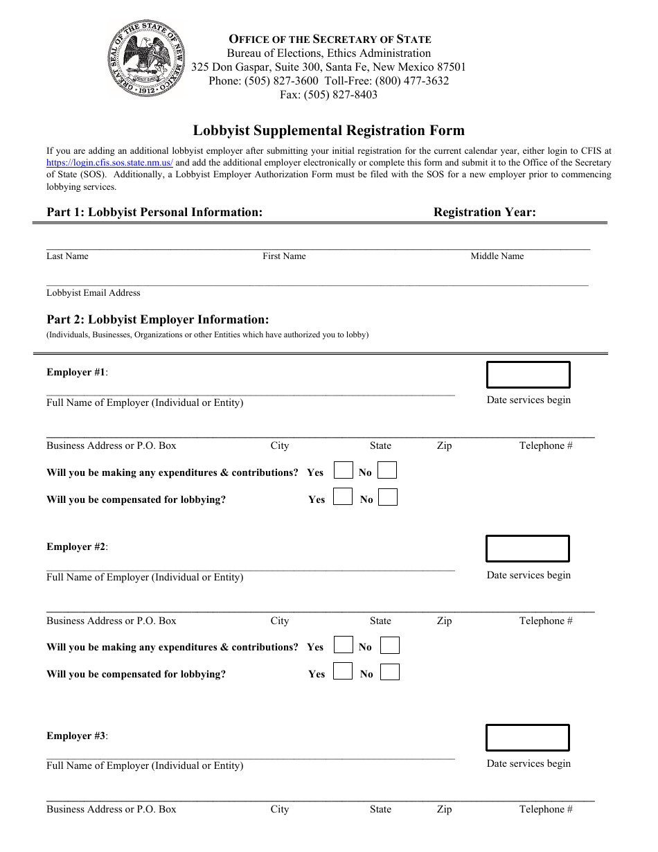 Lobbyist Supplemental Registration Form - New Mexico, Page 1
