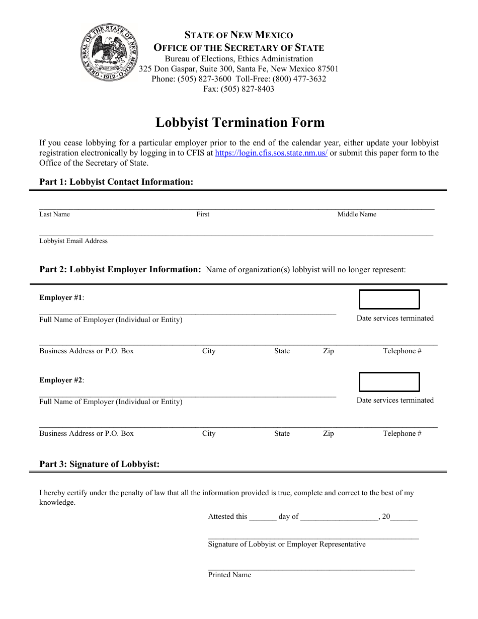 Lobbyist Termination Form - New Mexico, Page 1