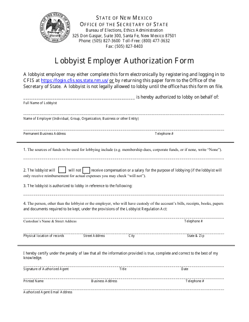 Lobbyist Employer Authorization Form - New Mexico Download Pdf