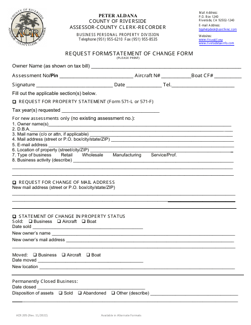 Form ACR205 Request Form/Statement of Change Form - County of Riverside, California