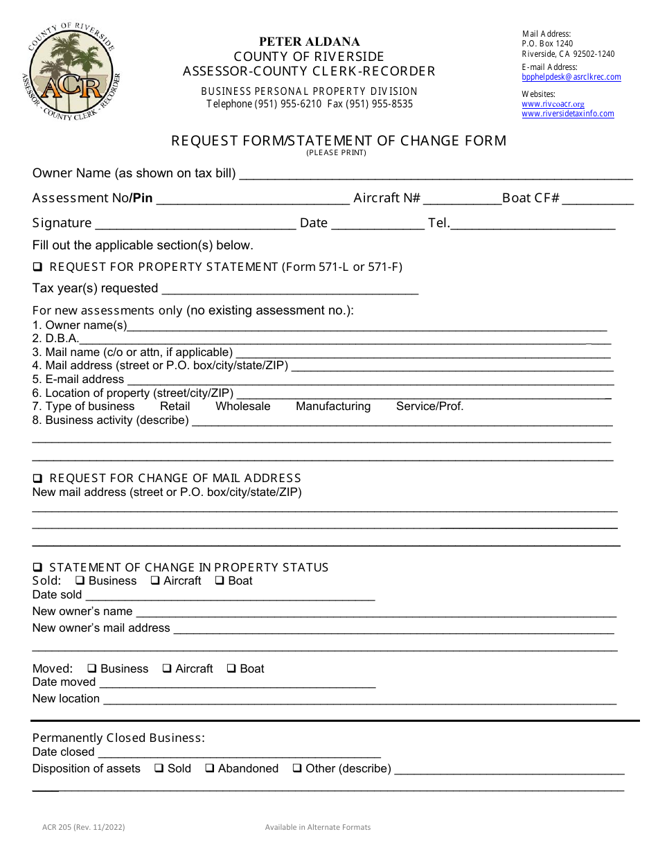 Form ACR205 Download Fillable PDF or Fill Online Request Form/Statement