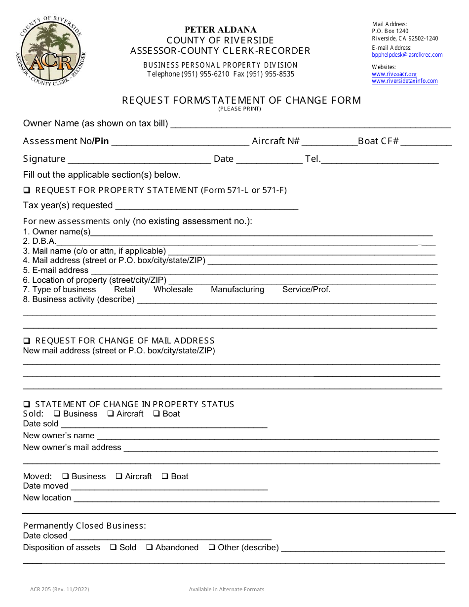 Form ACR205 Request Form / Statement of Change Form - County of Riverside, California, Page 1