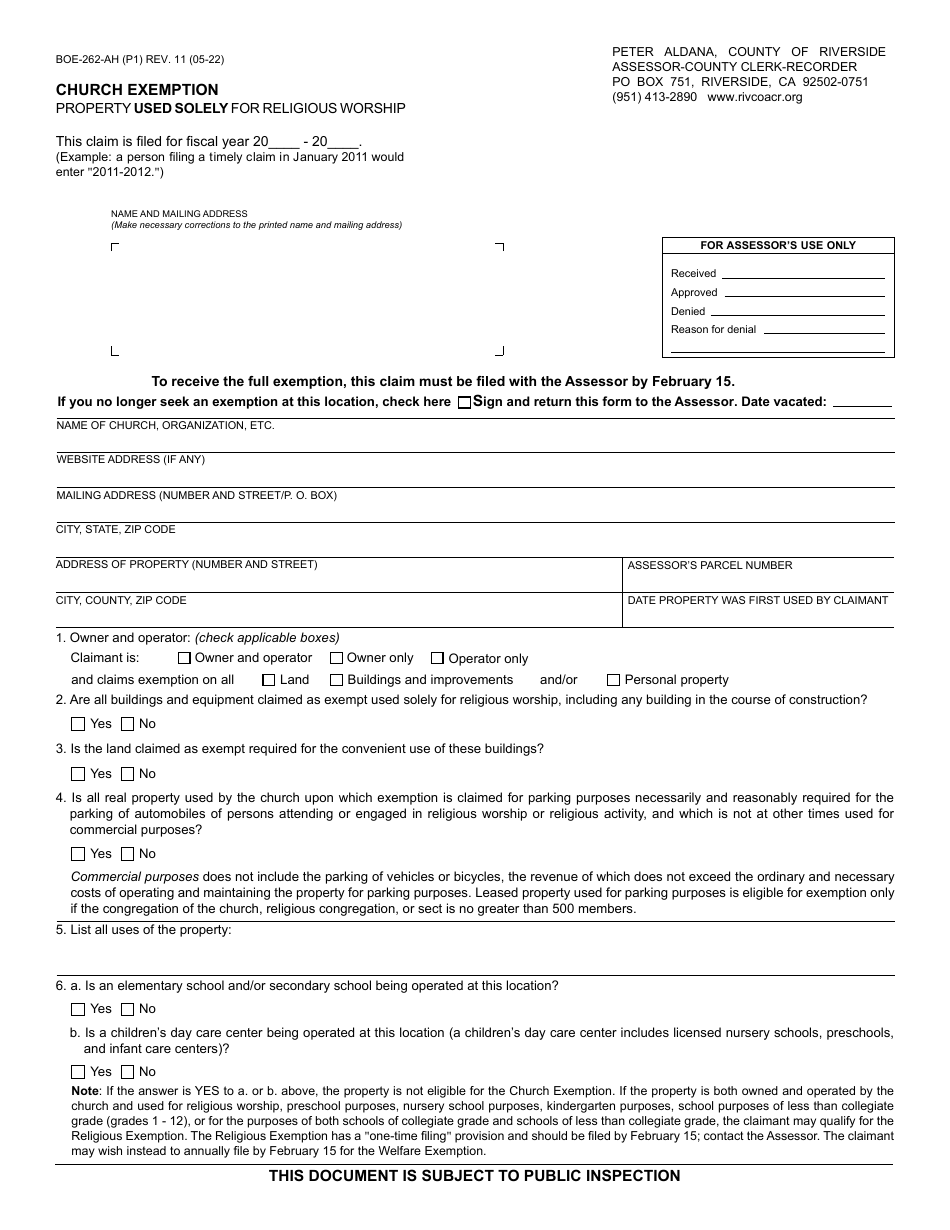 Form BOE-262-AH Church Exemption - County of Riverside, California, Page 1