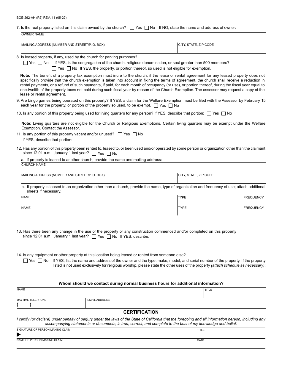 Form BOE-262-AH Church Exemption - County of Riverside, California, Page 2