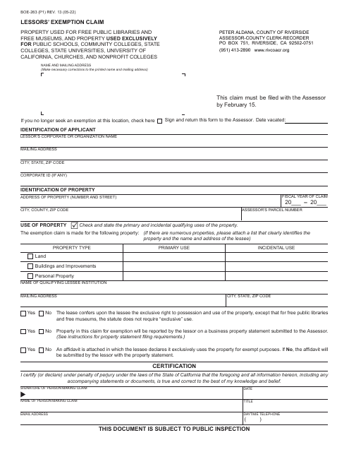 Form BOE-263  Printable Pdf