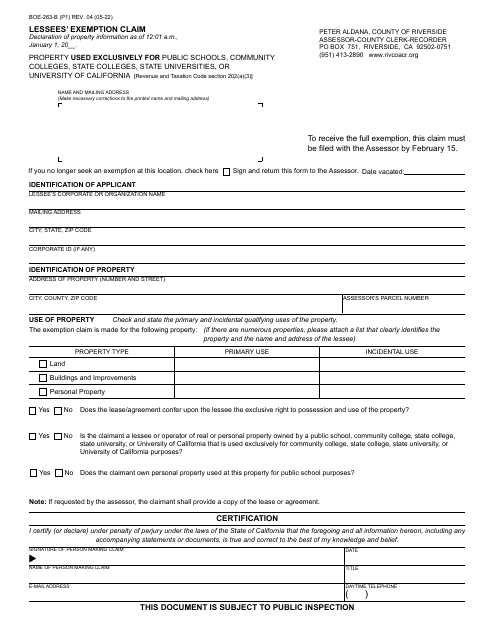 Form BOE-263-B Lessees' Exemption Claim - County of Riverside, California